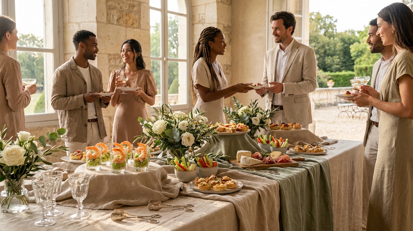 Buffet de cocktail dînatoire avec bouchées et invités debout pendant une réception de mariage