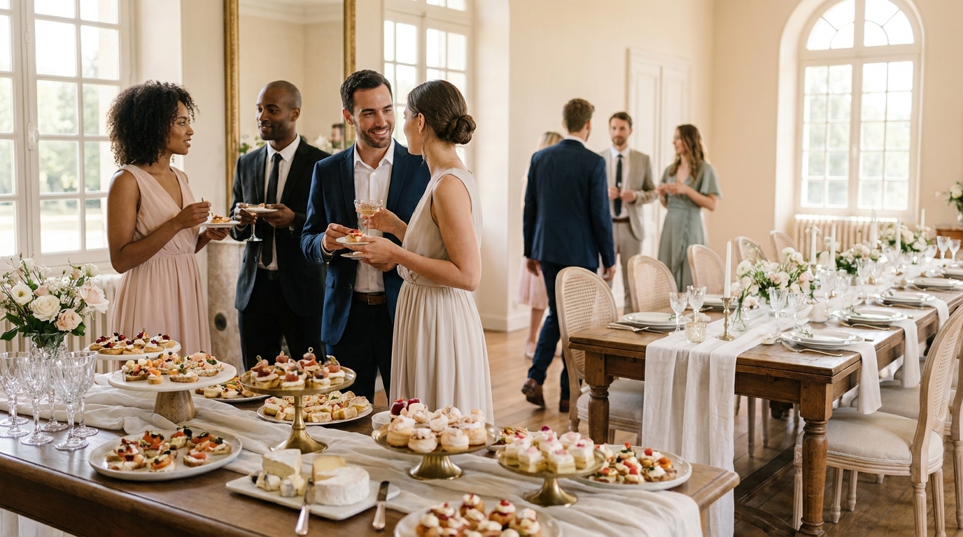 Buffet de cocktail dînatoire et table de réception pour comparer deux formats de repas de mariage
