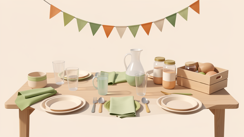 Table de fête éco-responsable avec vaisselle réutilisable et guirlande en tissu