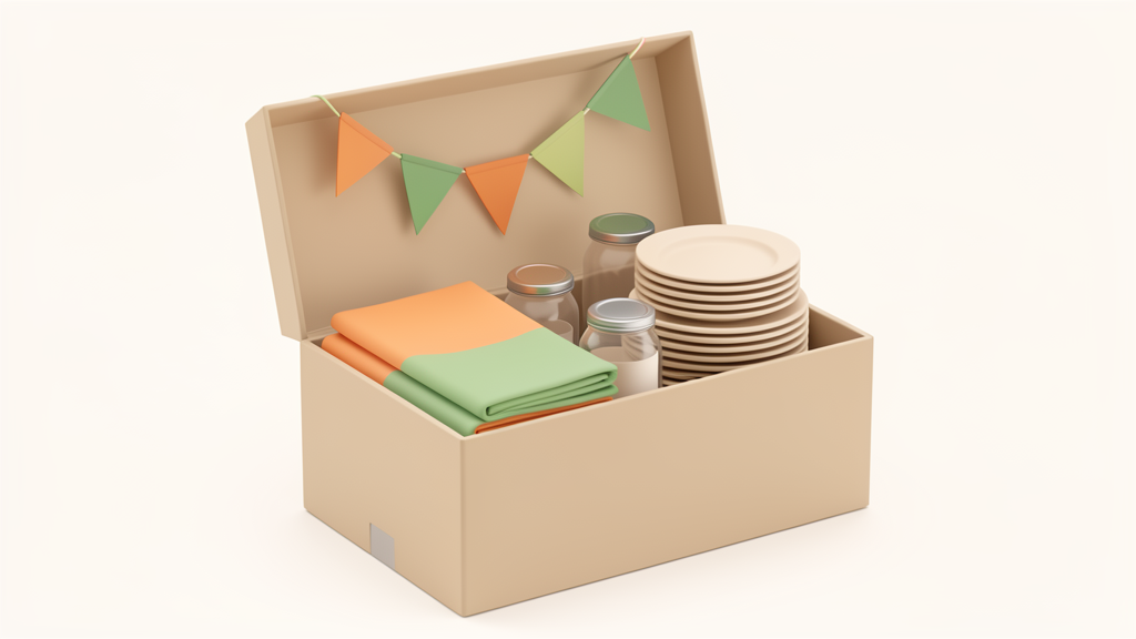 Kit de décoration réutilisable Kit de décoration réutilisable avec fanions en tissu, vaisselle durable et bocaux en verre
