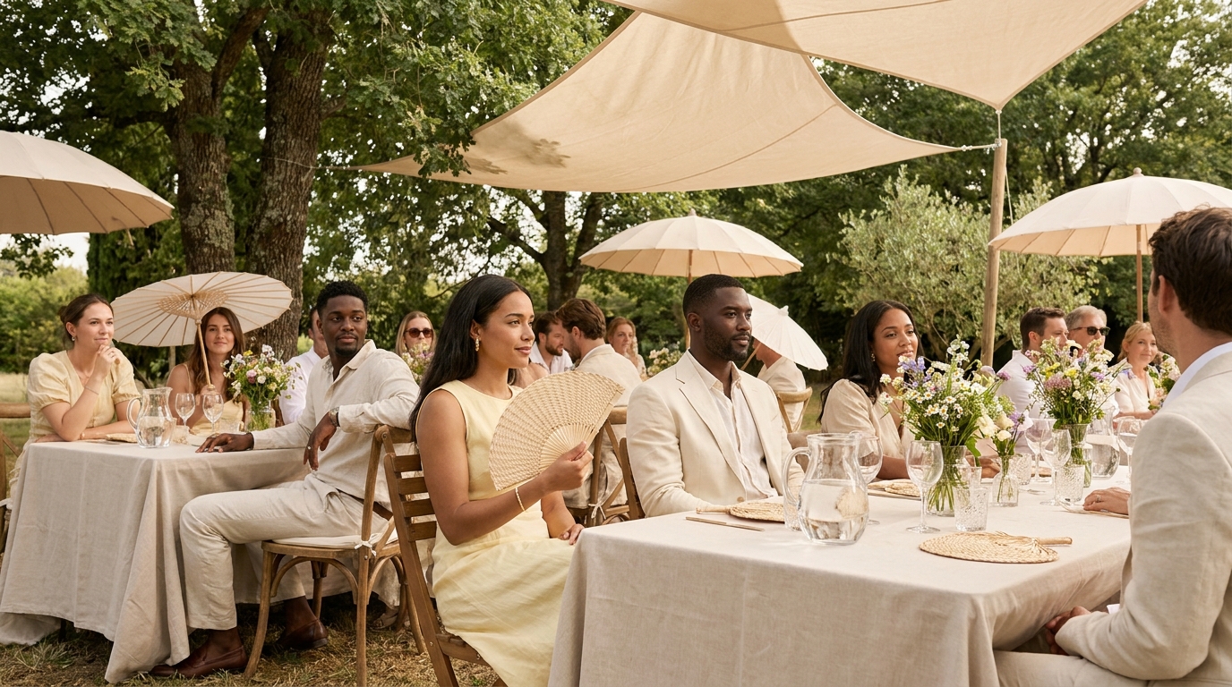 Invités de mariage installés à l’ombre avec verres d’eau pendant une journée de canicule