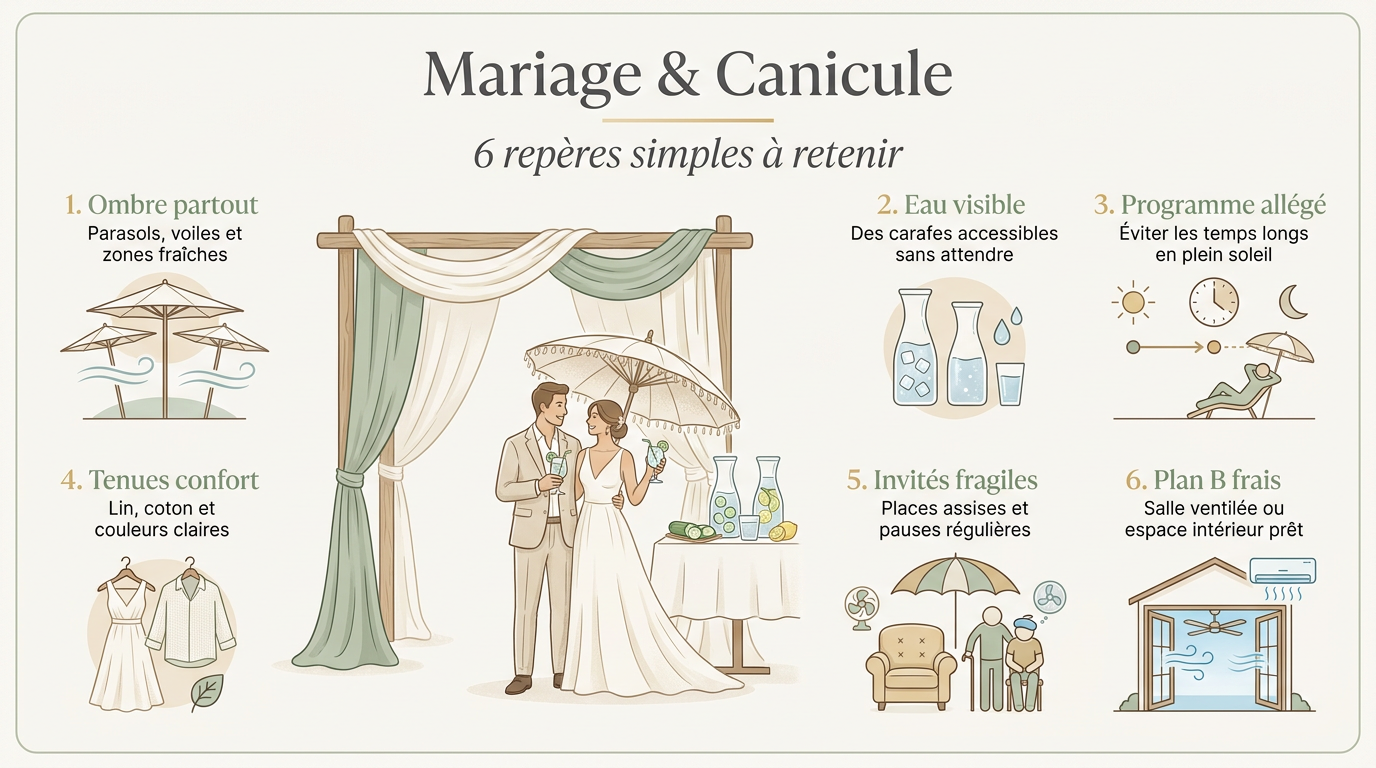 Infographie mariage et canicule avec six gestes pour protéger les invités de la chaleur