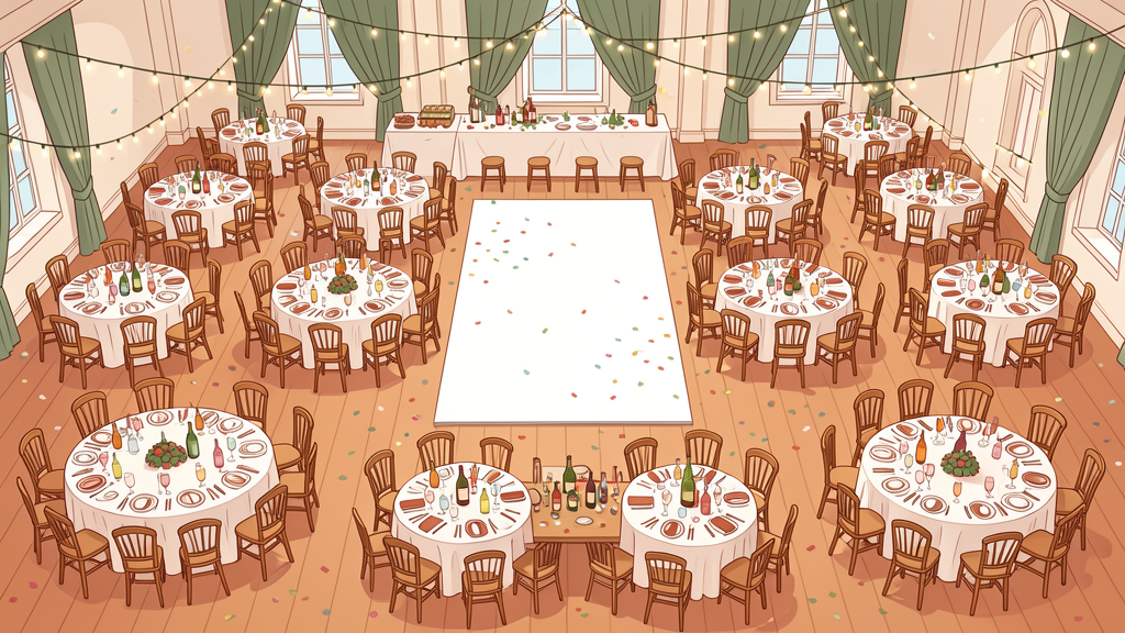 Salle de réception festive avec tables rondes, chaises, piste centrale et guirlandes