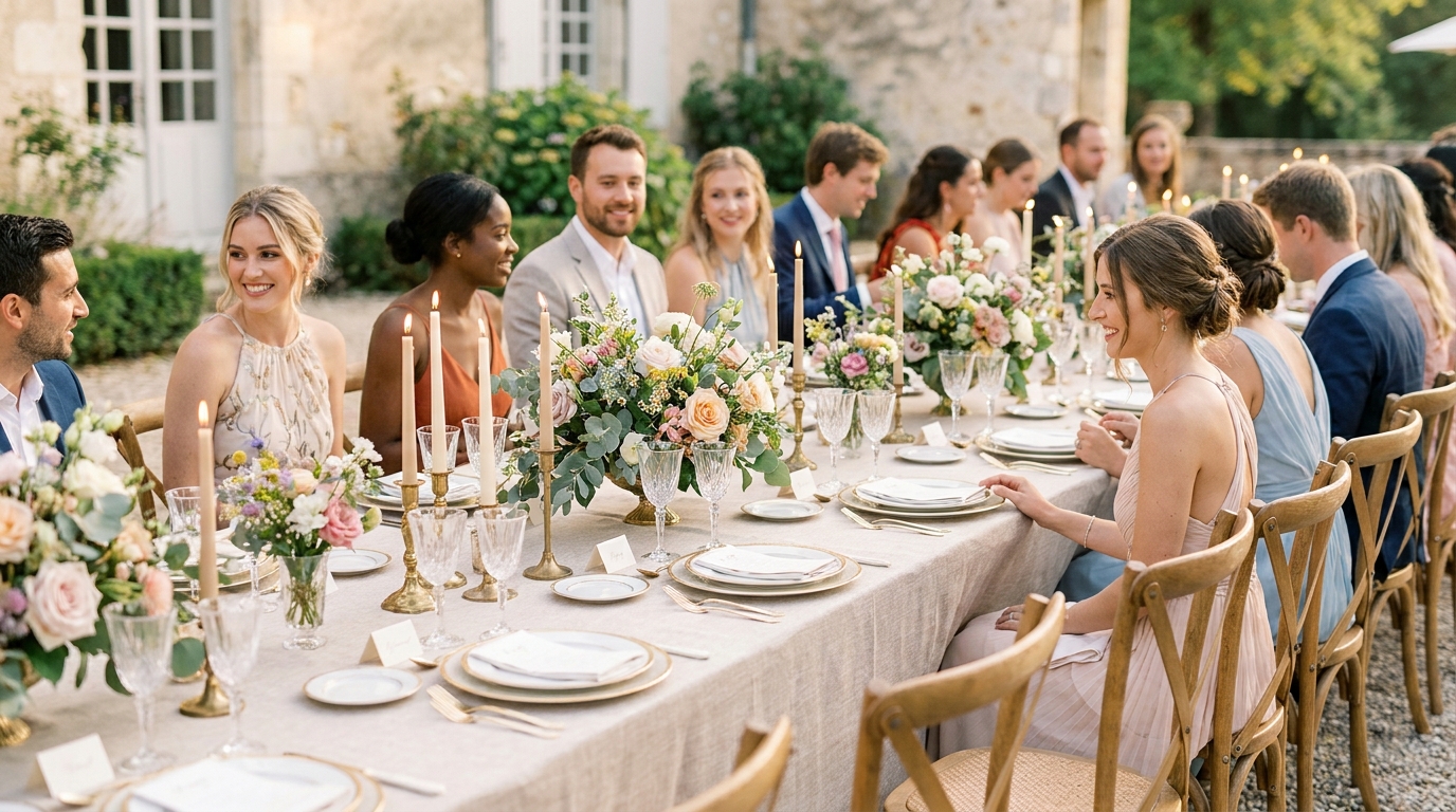 Table de repas de mariage dressée avec invités assis pendant une réception élégante
