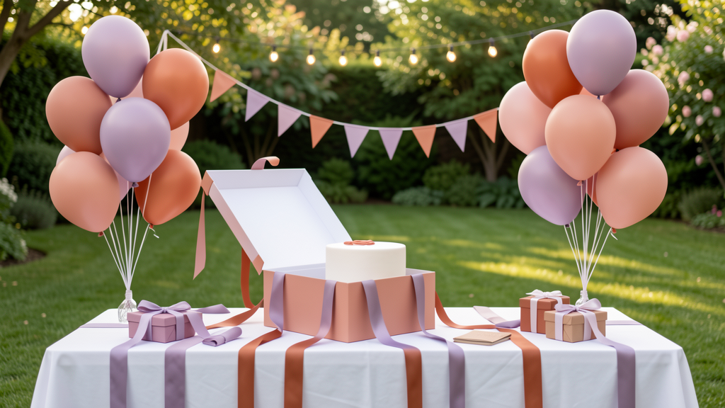 Table de gender reveal party moderne avec boîte cadeau, rubans et ballons sobres