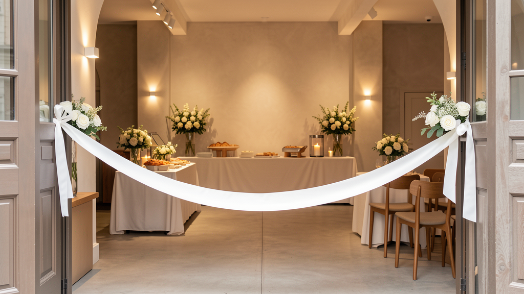 Entrée décorée avec ruban blanc et buffet pour organiser une inauguration