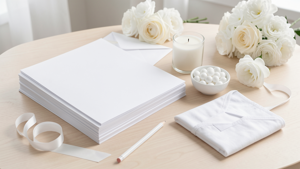 Feuilles vierges, fleurs blanches et accessoires pour organiser un baptême