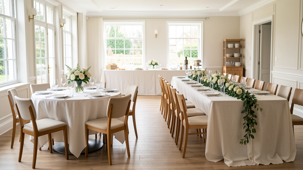 Réception de baptême avec table ronde élégante et grande table de salle des fêtes