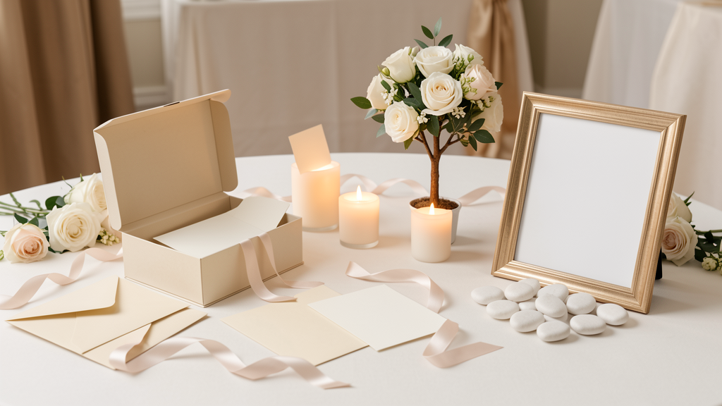 Boîte à souvenirs, cartes vierges, galets et cadre vide comme alternatives au livre d’or de mariage