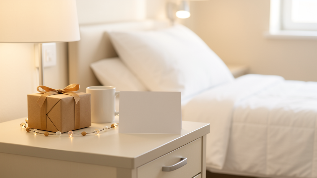 Table de chevet d’hôpital avec cadeau, tasse et carte vierge pour un anniversaire discret