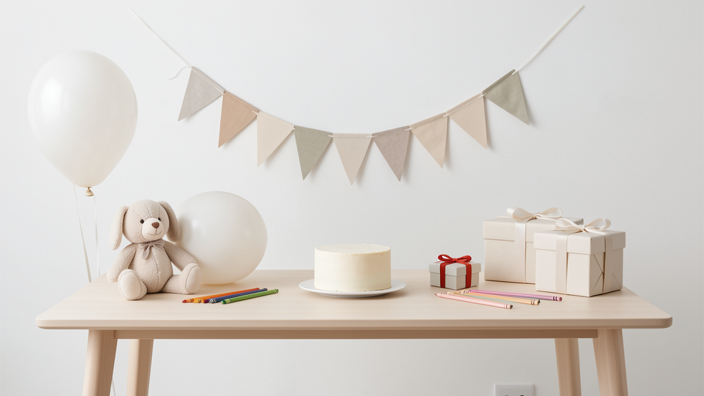 Table d’anniversaire avec gâteau, ballons, doudou, crayons et cadeaux pour évoquer différents âges