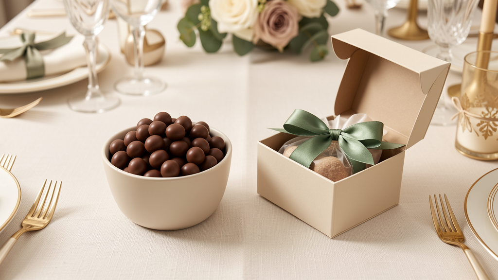 Dragées au chocolat et giftbox pour invités de fête