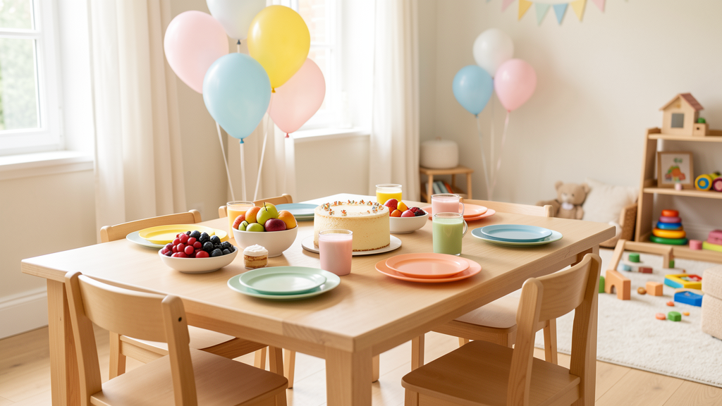 Table de goûter d’anniversaire organisée avec gâteau et fruits