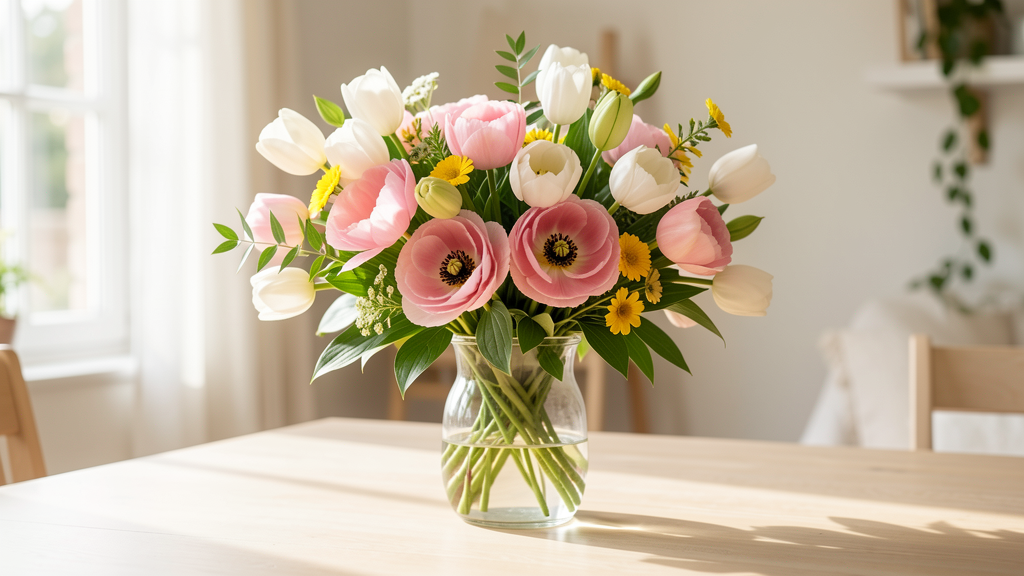 Bouquet symbolique de fleurs roses, blanches et jaunes dans un vase sur une table claire