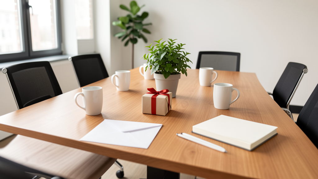 Cadeau emballé, mugs et enveloppe vierge sur une table de réunion dans un bureau