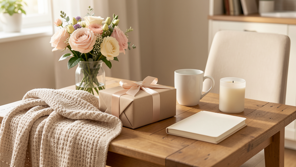 Paquet cadeau, bouquet, tasse blanche et plaid doux pour des idées cadeaux pour mamie
