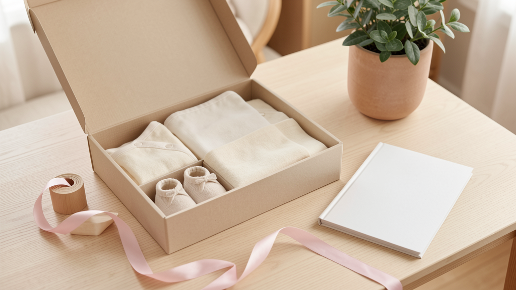 Coffret cadeau de naissance avec vêtements, chaussons et accessoires bébé neutres sur une table claire