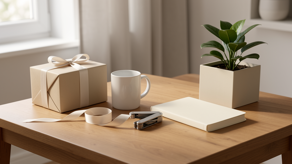 Paquet cadeau, mug, carnet vierge, plante et outil multifonction pour des idées cadeaux pour papa
