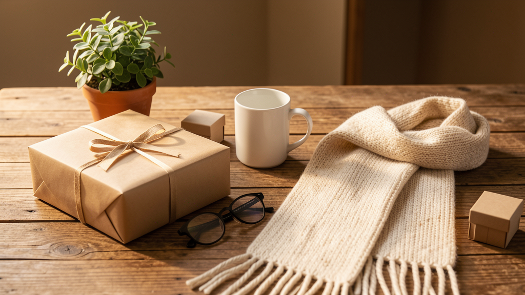 Paquet cadeau, tasse blanche, lunettes et écharpe sur une table en bois pour des cadeaux pour papy