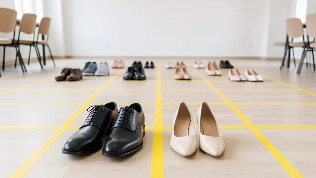 Chaussures noires du marié et escarpins de la mariée au premier plan sur un quadrillage de répétition de chorégraphie