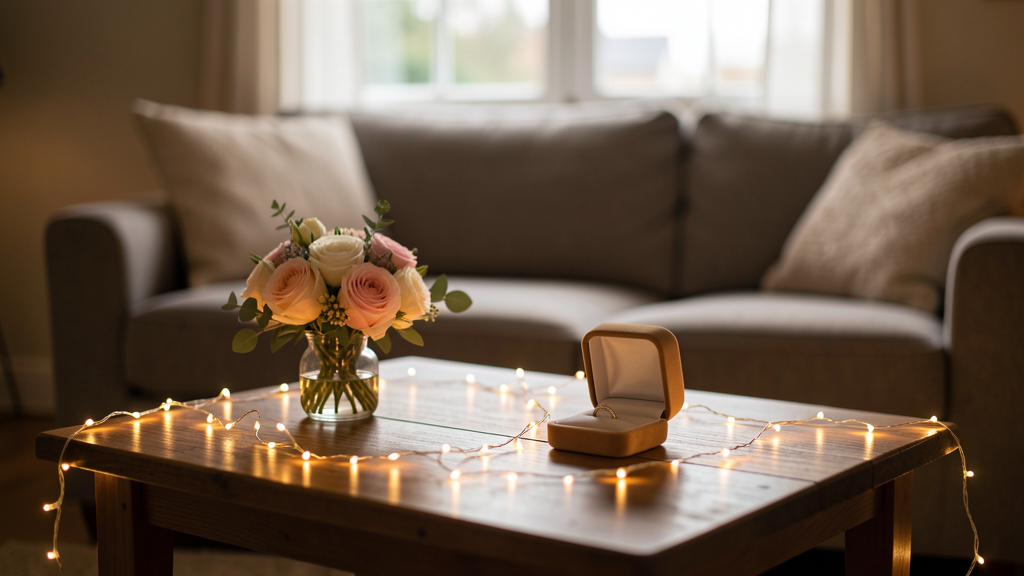 Demande en mariage intime avec écrin de bague, bouquet et guirlandes lumineuses sur une table basse