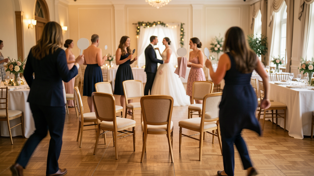 Animation du jeu des 12 mois avec cercle de chaises et invités en mouvement pendant un mariage