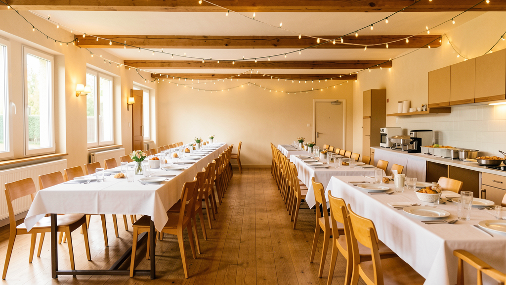 Salle des fêtes communale préparée pour une fête familiale avec tables, chaises et guirlandes lumineuses