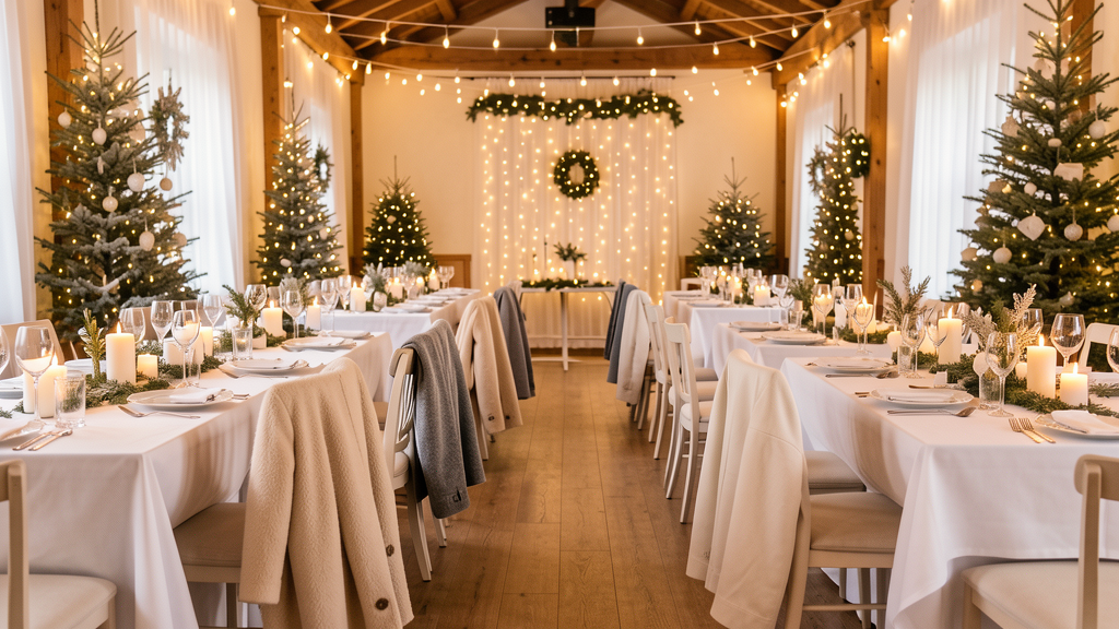 Salle de mariage d’hiver chaleureuse avec décoration blanche, bois, bougies LED et lumières chaudes