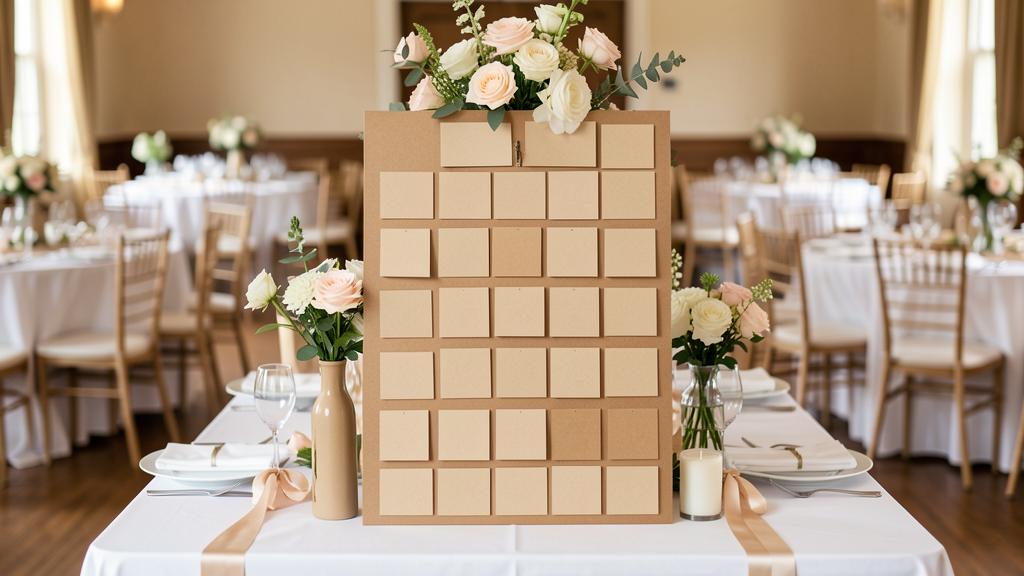 Plan de table de mariage élégant avec cartons vierges, fleurs et salle de réception en arrière-plan