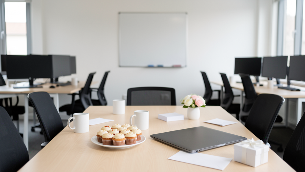 Pot de départ en retraite dans une salle de réunion avec cupcakes, mugs, enveloppes et cadeau sur une table de bureau