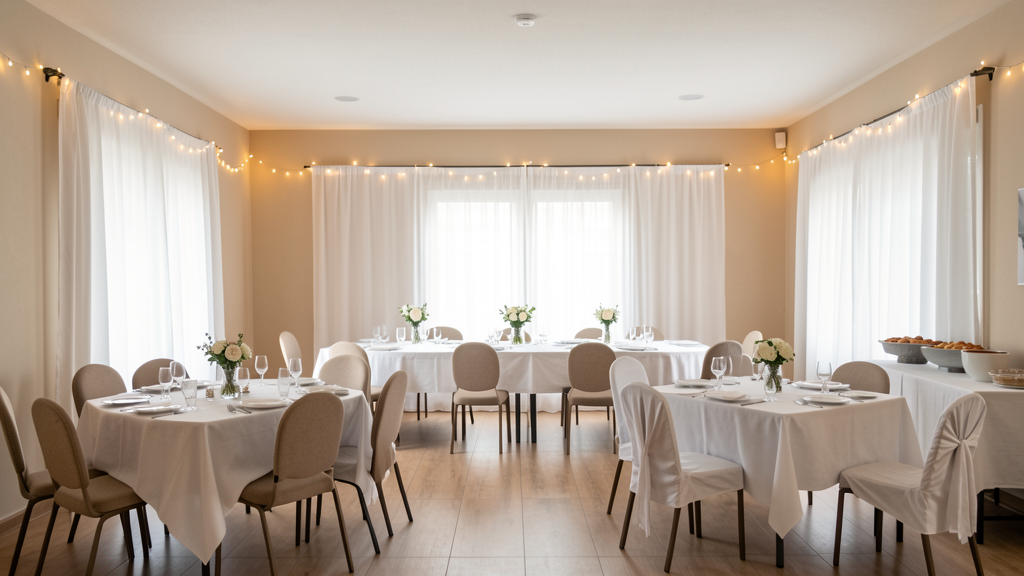 Salle des fêtes communale transformée avec guirlandes lumineuses, rideaux blancs et tables décorées