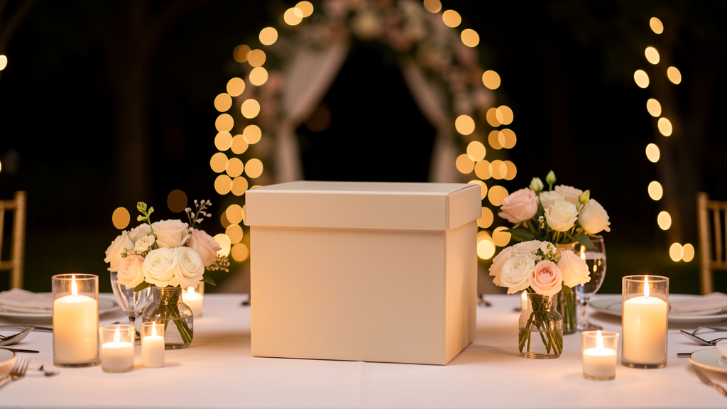 Surprise de mariage préparée avec cadeau, fleurs, bougies LED et arche lumineuse