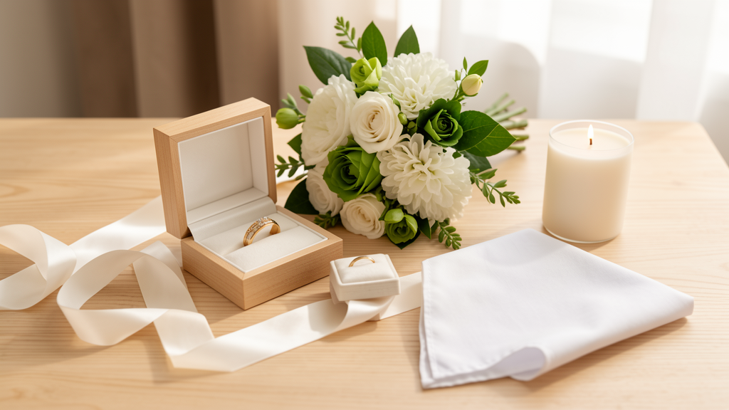 Alliances, bouquet blanc et rubans sur une table claire pour des traditions de mariage modernisées