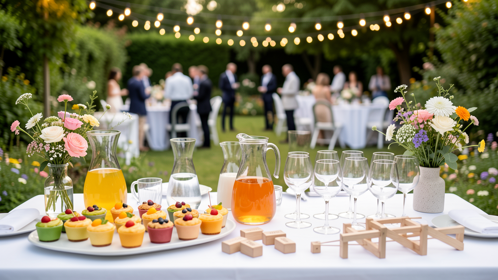 Vin d’honneur de mariage en extérieur avec verrines, carafes, jeux en bois et invités flous