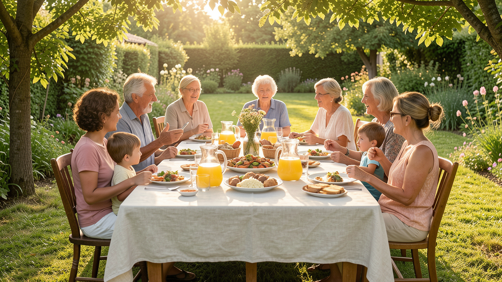 Cousinade d’été autour d’une grande table familiale dans un jardin