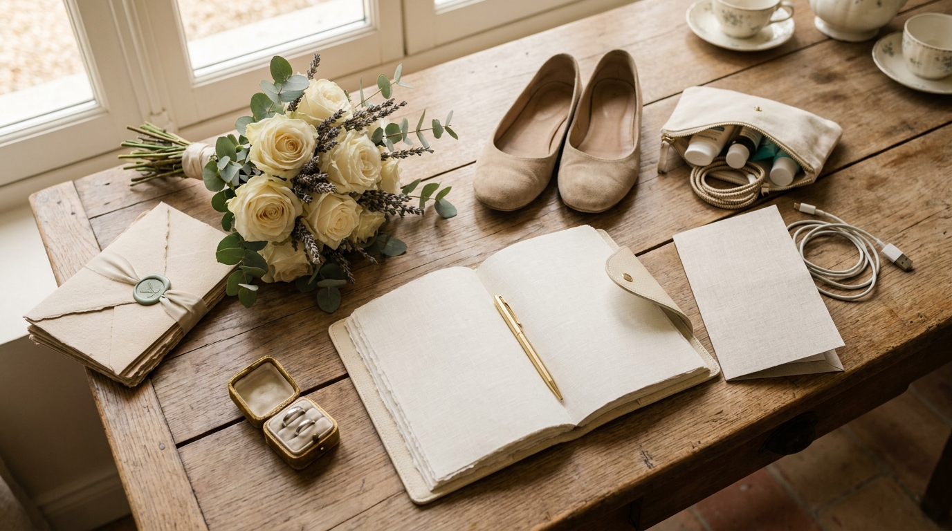 Checklist mariage jour J : table de préparation avec alliances, planning et accessoires