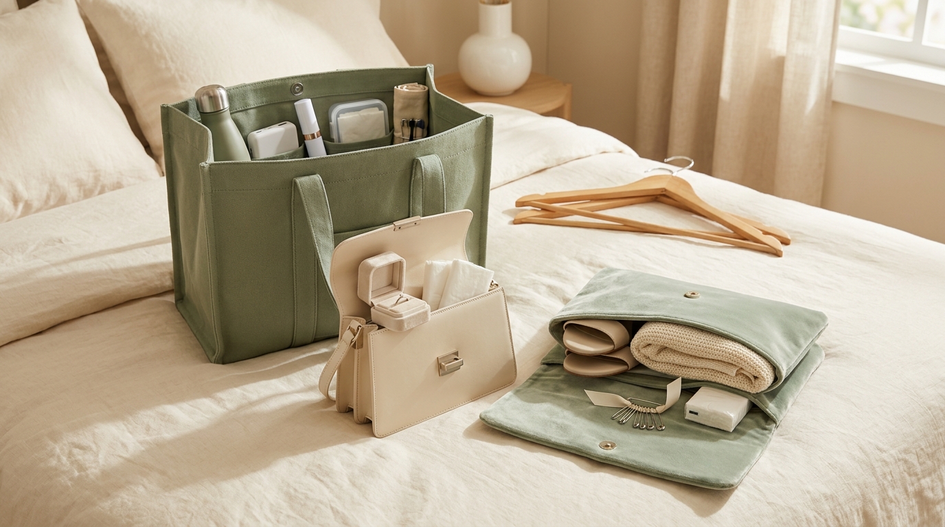Sacs de mariage organisés à J-3 avec accessoires, trousse et chaussures