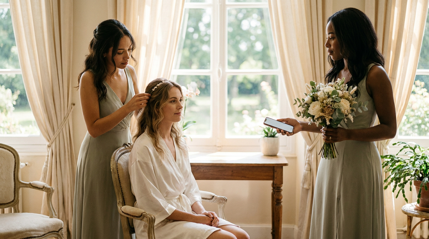 Matin de mariage calme avec la mariée entourée de proches qui l’aident