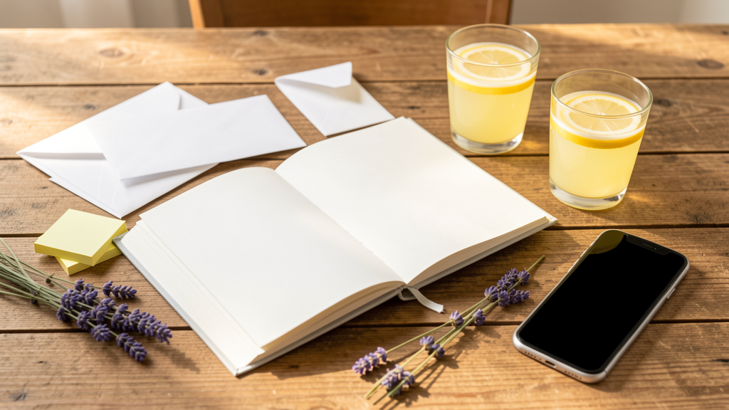 Préparation d’une cousinade avec carnet ouvert et enveloppes sur une table
