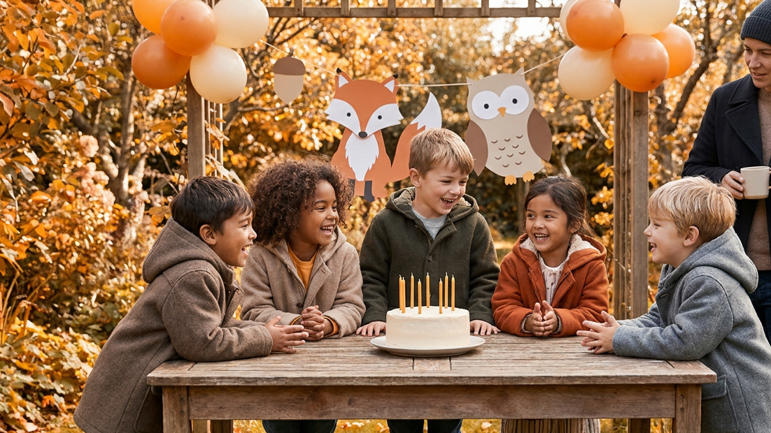 Anniversaire d’enfant en automne dans un jardin décoré
