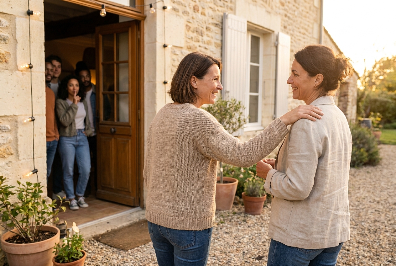 Une amie accompagne la personne célébrée vers la fête surprise