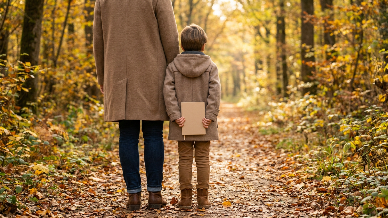 Enfant observant la forêt avec un carnet pendant une balade de Toussaint.