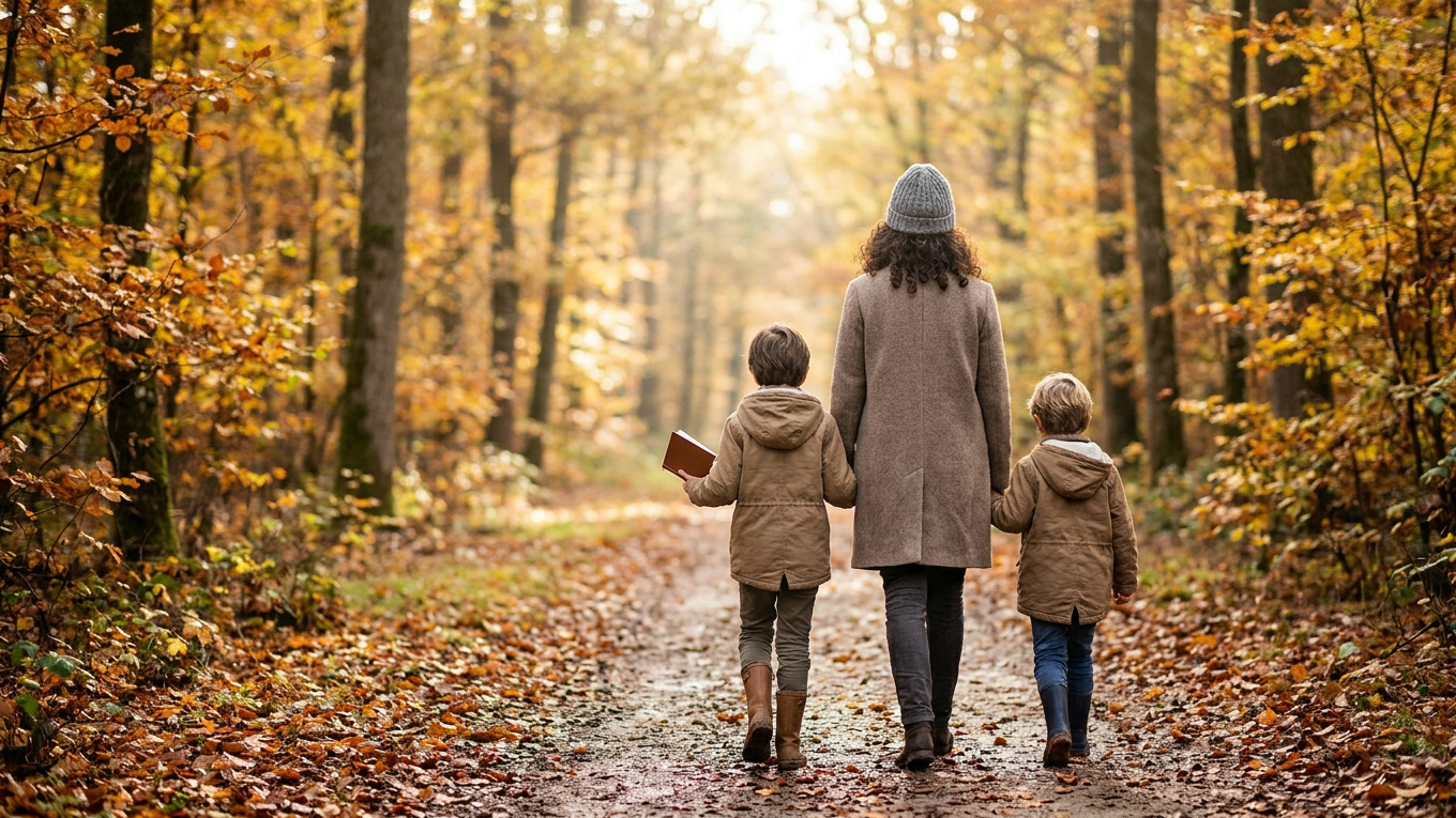 Famille marchant sur un chemin forestier en automne pendant les vacances de Toussaint.