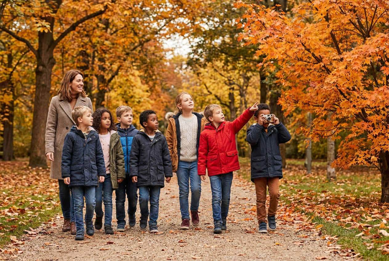 Enfants observant les couleurs d’automne dans un parc avec un adulte