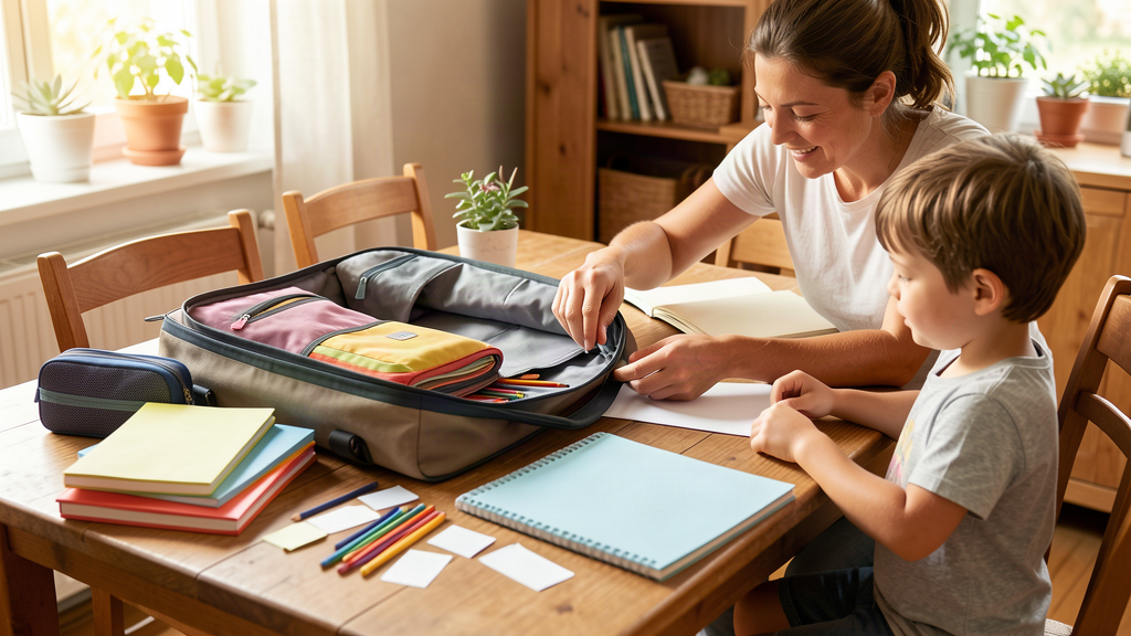 Parent et enfant préparant un cartable pour la rentrée scolaire