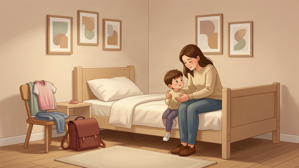 Parent rassurant un enfant la veille de la rentrée scolaire