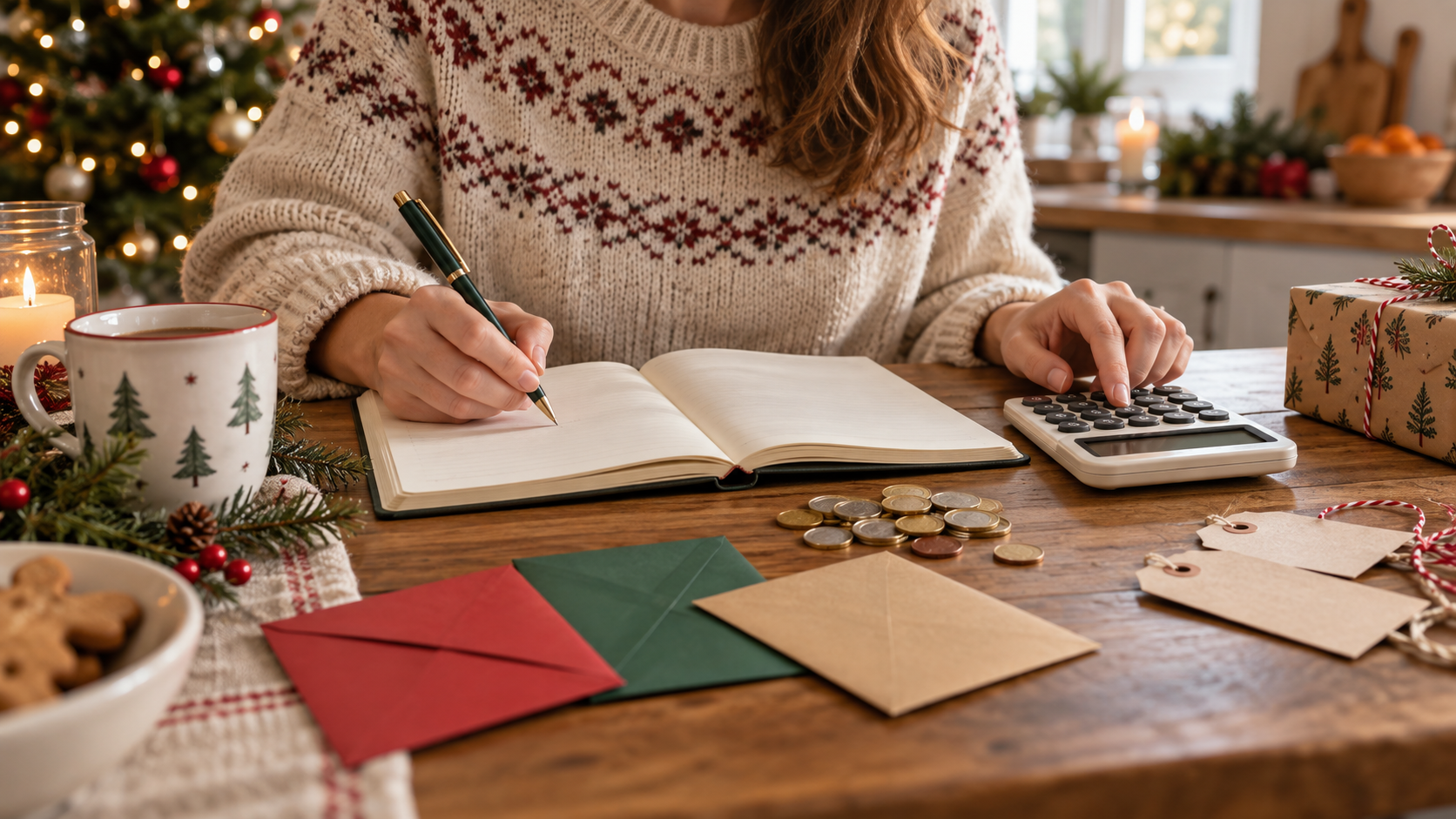 Préparation du budget de Noël avec un carnet et une calculatrice