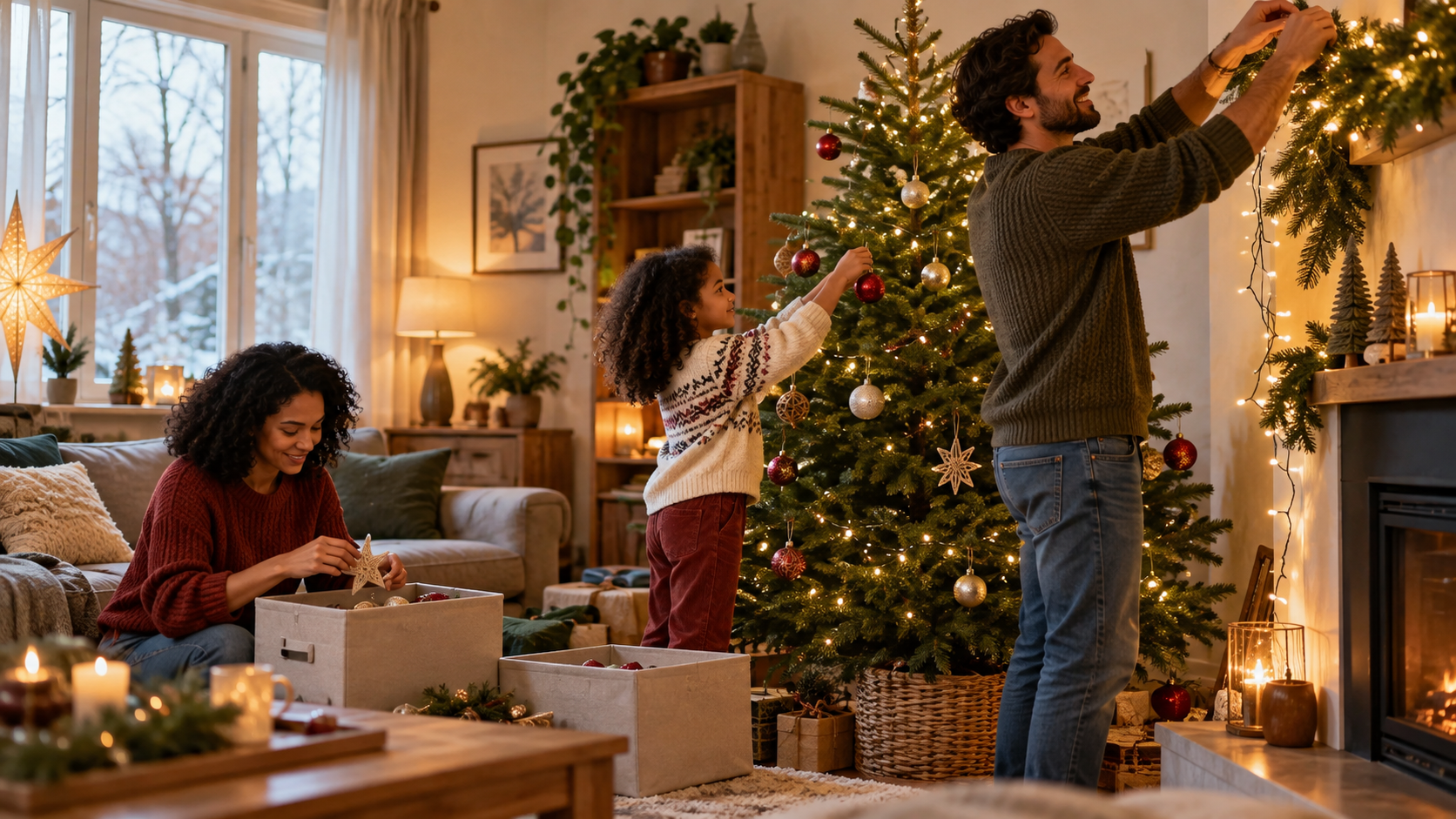Une famille installe des décorations de Noël réutilisables