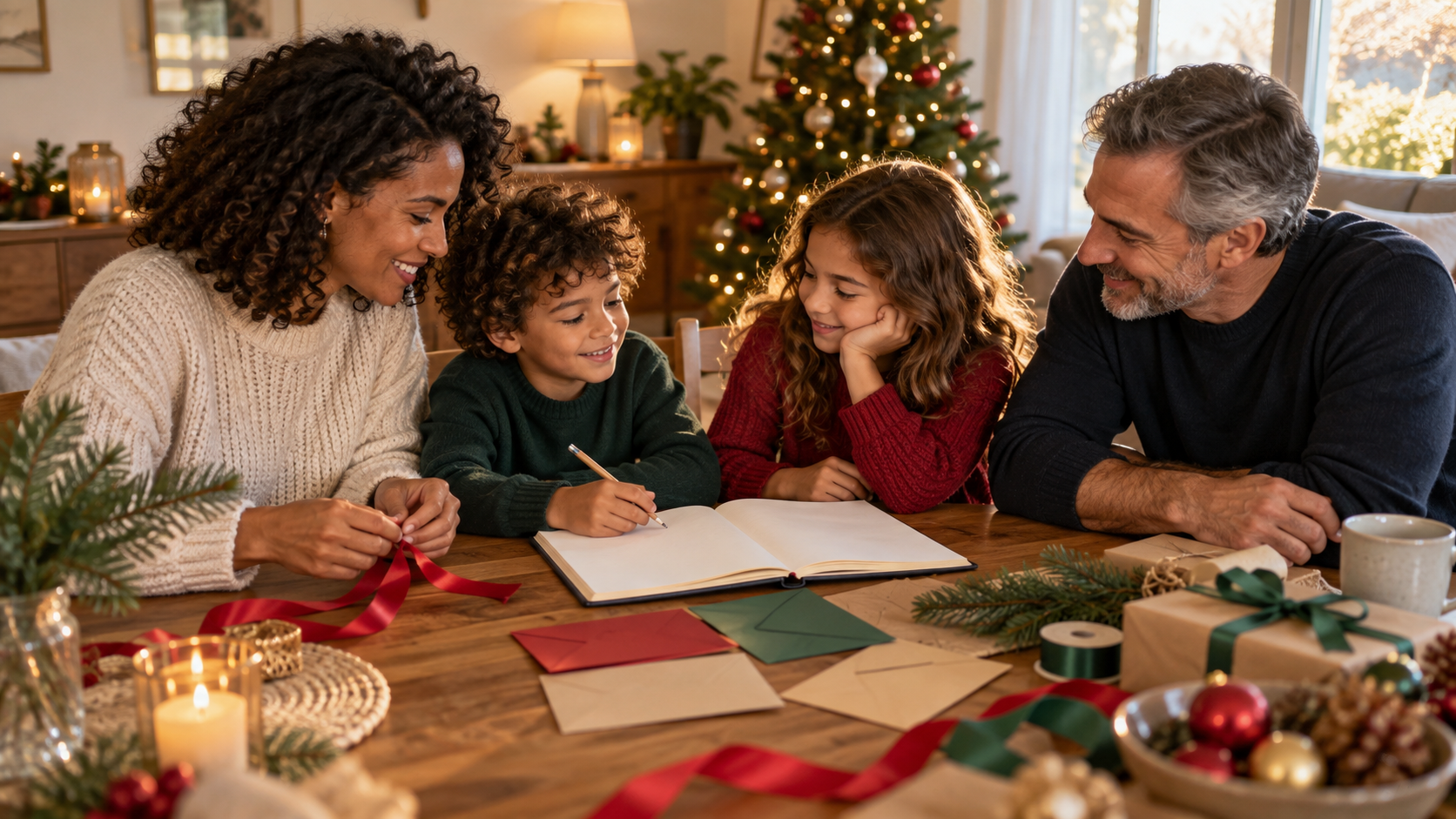 Une famille prépare Noël en avance autour d’une table