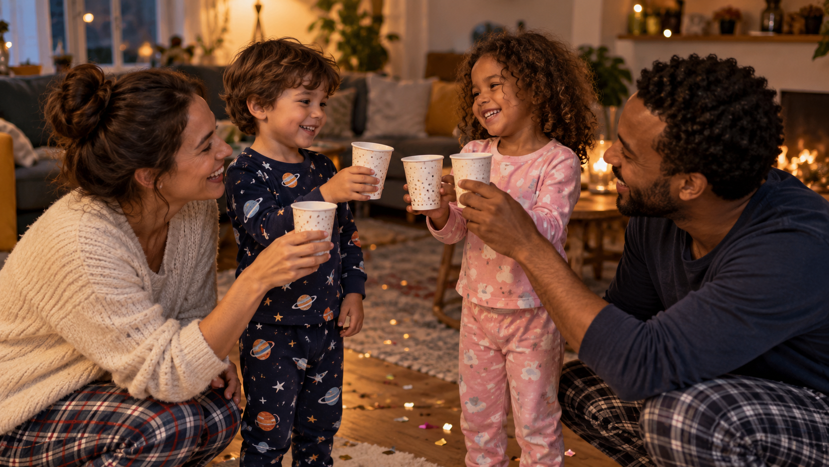 Des enfants en pyjama participent à un faux décompte du Nouvel An